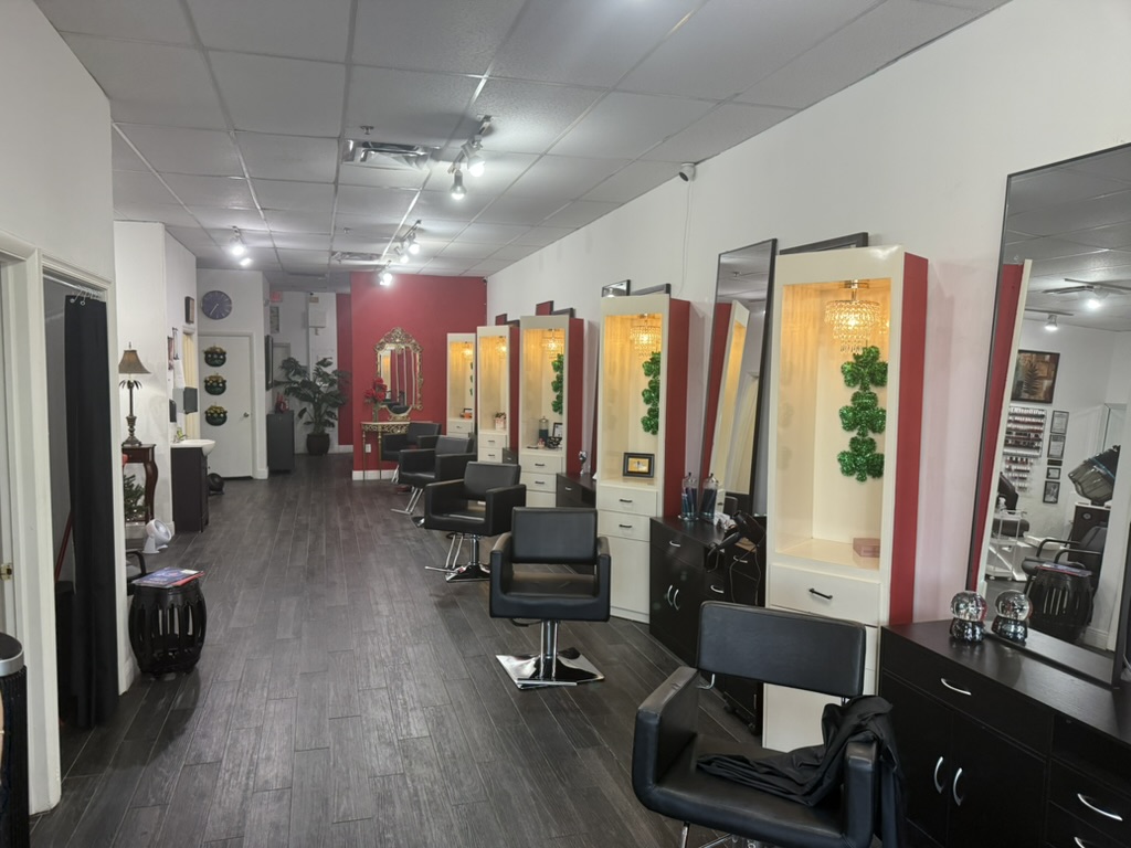 Salon Rouge II illuminated styling stations with chandeliers