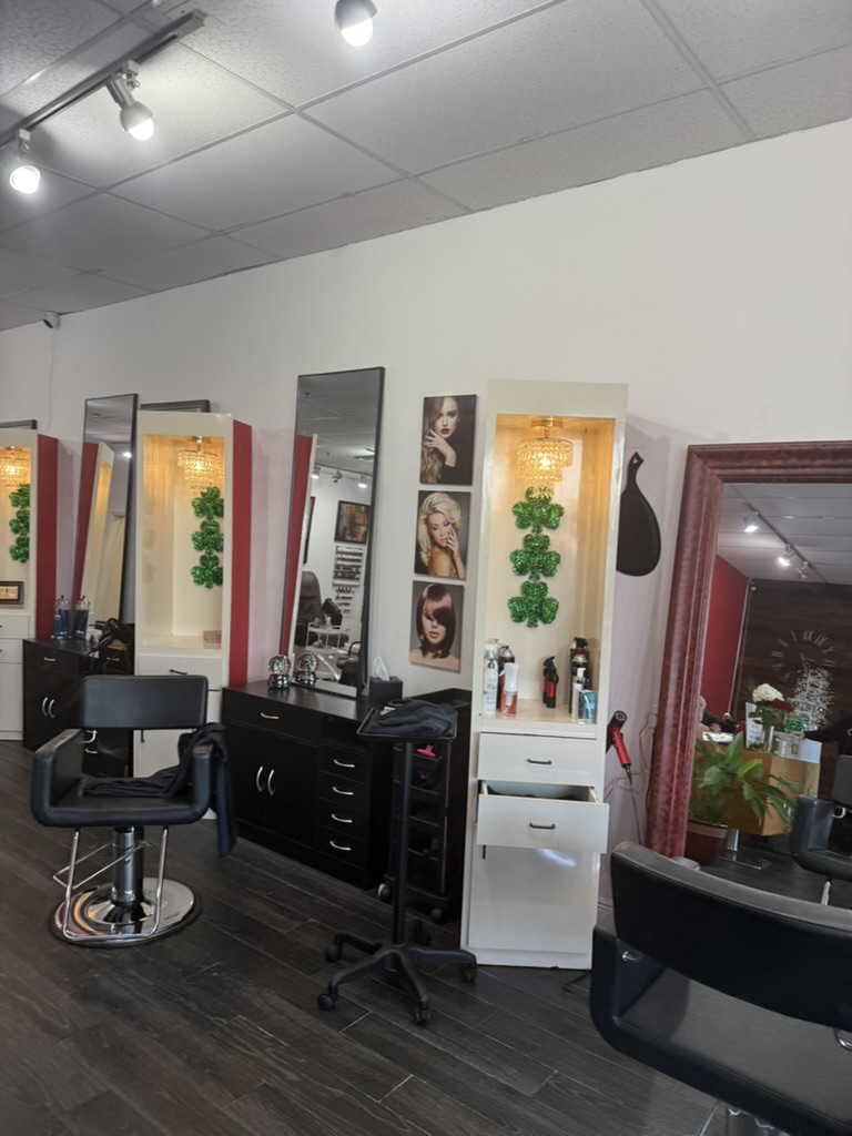 Salon Rouge II stations detail with hair photos and crystal niches